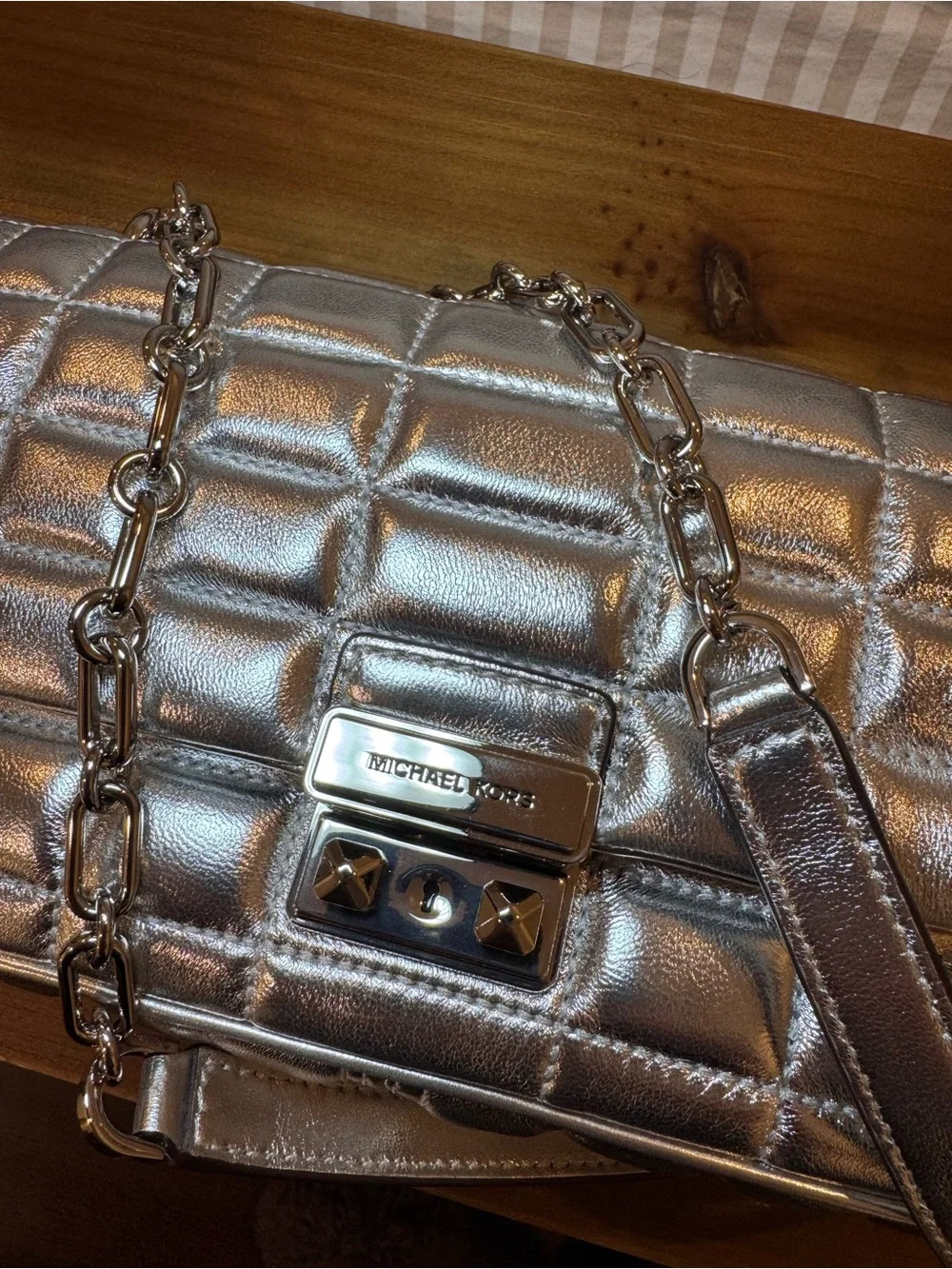 Michael Kors Silver Quilted Tribeca Shoulder Bag